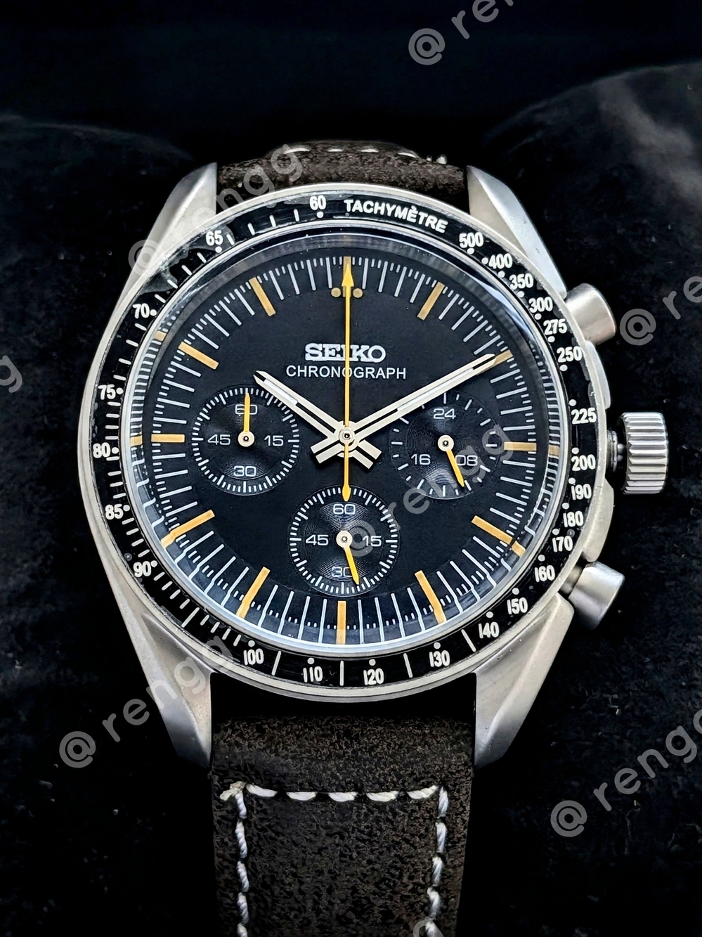 40mm Titanium Seiko Chronograph Black Dial Mod Watch with Brown Strap